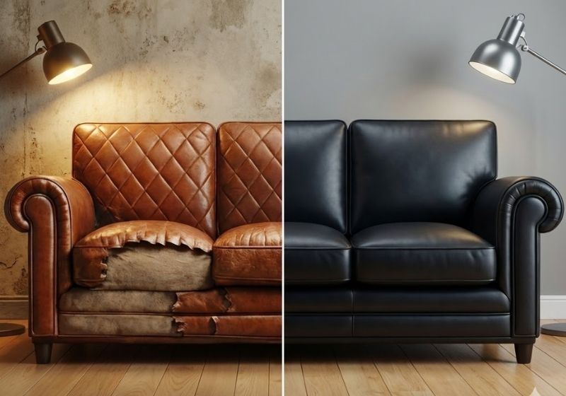 Before and after: worn tan leather sofa restored to black leather