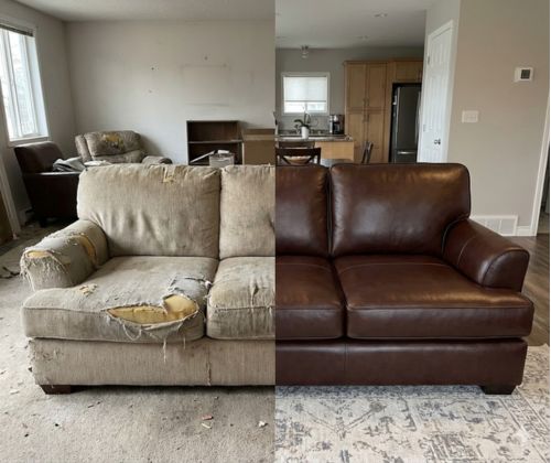 Before and after: torn fabric sofa upholstered in brown leather