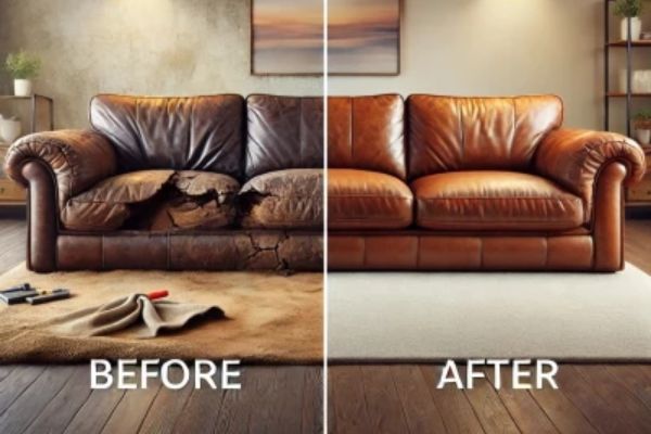 Before and after: cracked brown leather sofa restored