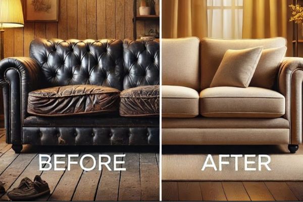 Before and after: black tufted sofa recovered in beige fabric