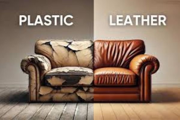 Before and after: peeling sofa recovered in tan leather