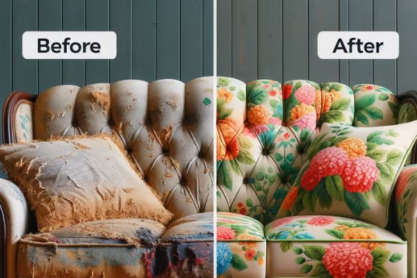 Before and after: worn tufted armchair recovered in floral fabric