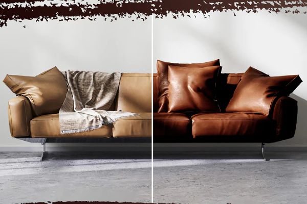 Before and after: tan sofa recovered in cognac leather