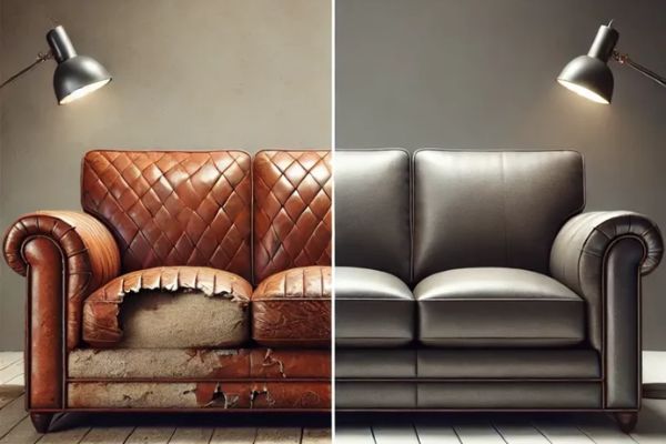 Before and after: damaged leather sofa restored in grey leather